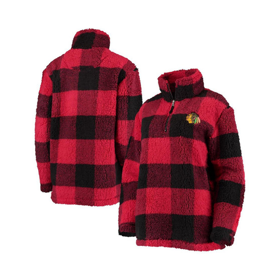 Women's Red, Black Chicago Blackhawks Plaid Sherpa Quarter-Zip Jacket