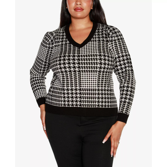 Black Label Plus Size Houndstooth Puff Sleeve Sweater