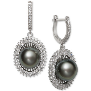 Black Cultured Tahitian Pearl (10mm) & Cubic Zirconia Drop Earrings in Sterling Silver