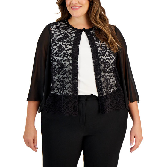 Plus Size Collarless 3/4-Chiffon-Sleeve Lace Shrug