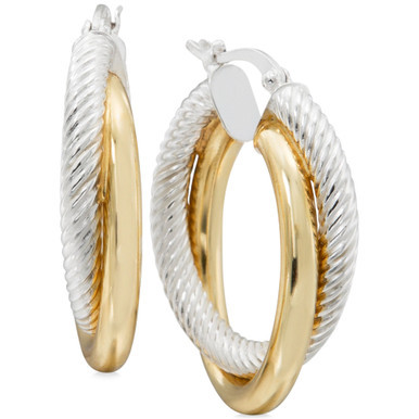 Two-Tone Textured Overlapped Hoop Earrings in Sterling Silver and 14k Gold-Plate