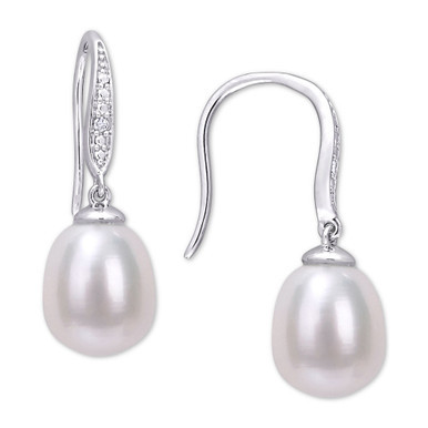 Cultured Freshwater Pearl (8-1/2mm) & Diamond Accent Drop Earrings in Sterling Silver