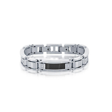 Mens Stainless Steel Black Carbon Fiber Brushed and Polished Link Bracelet