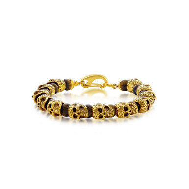 Mens Stainless Steel Genuine Tiger Eye Beads Skull Bracelet - Gold Plated