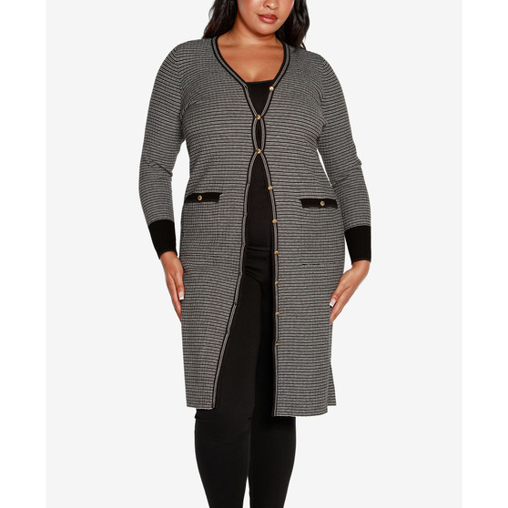 Black Label Plus Size Striped Button Front Duster Sweater