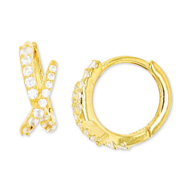 Cubic Zirconia Crisscross Extra Small Huggie Hoop Earrings in Sterling Silver or 14k Gold-Plated Sterling Silver, 0.47"