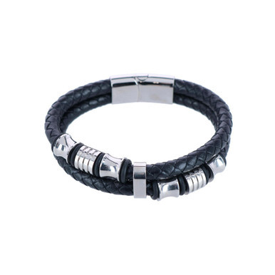 Silver and Leather Double Band Secure Clasp Bracelet