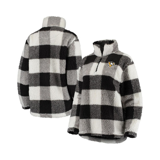 Women's Black, White Pittsburgh Penguins Plaid Sherpa Quarter-Zip Jacket