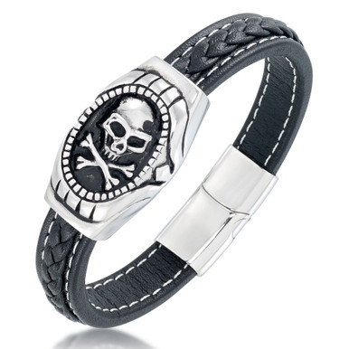 Men's Black Leather Skull Bracelet in Stainless Steel