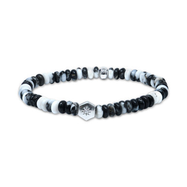 Black & White Agate Rondelle & White Topaz Accent Stretch Bracelet in Sterling Silver