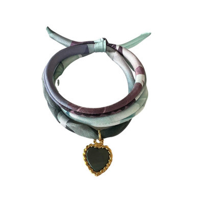 Sage Hand Printed Silk Twill Bracelet Sterling Silver Gold Plated Enamel Love Charm