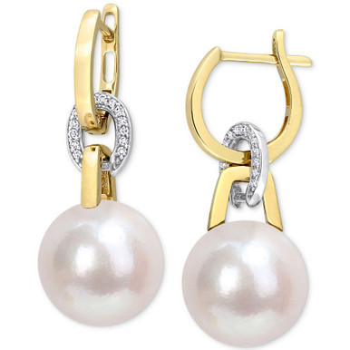 Cultured South Sea Pearl (11mm) & Diamond (1/10 ct. t.w.) Linked Huggie Hoop Earrings in 14k Gold & White Gold