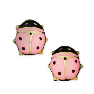 Children's 14k Gold Earrings, Pink Ladybug Studs