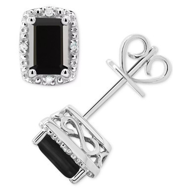 Onyx & Diamond Accent Rectangle Stud Earrings in Sterling Silver (Also in Turquoise & Labradorite)