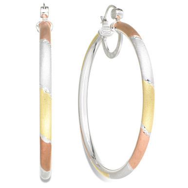 Platinum, 18k Rose Gold and 18k Gold over Sterling Silver Earrings, Extra-Large Tri-Color Hoop Earrings