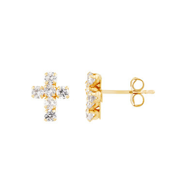 Cubic Zirconia Cross Button Earrings in 14K Gold