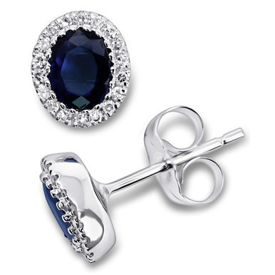 Sapphire (7/8 ct. t.w.) & Diamond (1/10 ct. t.w.) Oval Stud Earrings in 14k White Gold