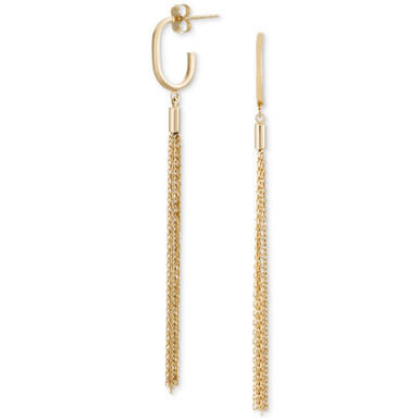 Long Tassel J-Hoop Drop Earrings in 10k Gold