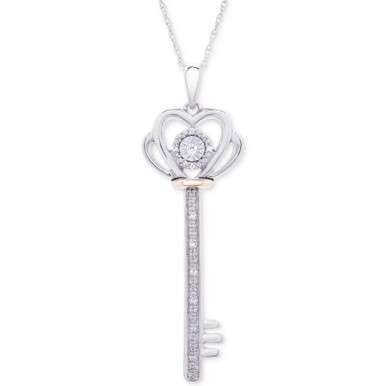 Diamond Accent Two-Tone Key Pendant Necklace in Sterling Silver & 10k Gold