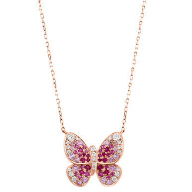 EFFY® Pink Sapphire (1-1/8 ct. t.w.), Ruby (3/4 ct. t.w.) & Diamond (1/3 ct. t.w.) Butterfly 18" Pendant Necklace in 14k Rose Gold