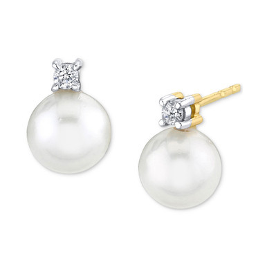 Cultured Freshwater Pearl (6mm) & Diamond Accent Stud Earrings in 14k Gold
