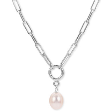 Cultured Freshwater Pearl (10mm) 24" Paperclip Pendant Necklace in Sterling Silver