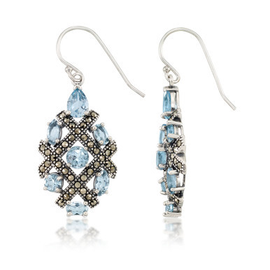 Marcasite and Blue Topaz (6 ct. t.w.)  Drop Wire Earrings in Sterling Silver
