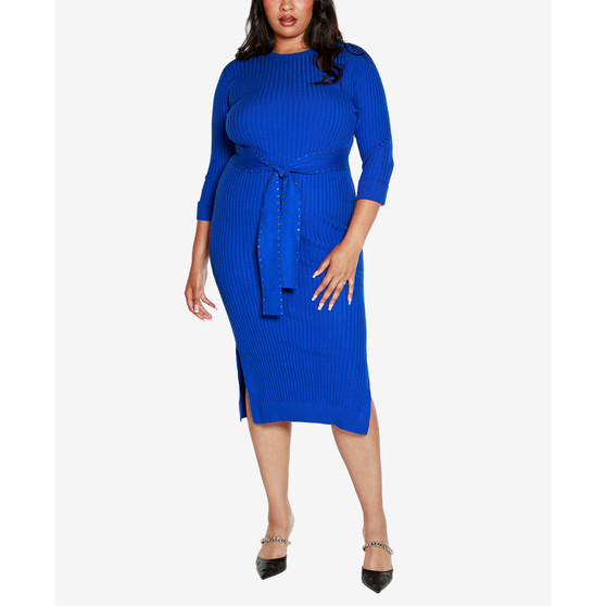 Black Label Plus Size Sweater Dress with Embellished Waist Tie