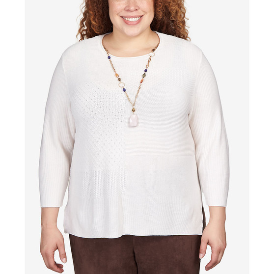 Plus Size Autumn Weekend Solid Texture Split Hem Sweater with Necklace