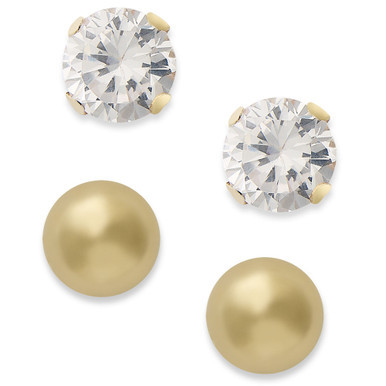 10k Gold Earring Set, Cubic Zirconia (7/8 ct. t.w.) and Ball Stud Earring Set