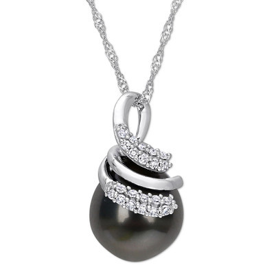 Cultured Tahitian Pearl (9mm) & Diamond (1/10 ct. t.w.) Swirl 17" Pendant Necklace in 14k White Gold