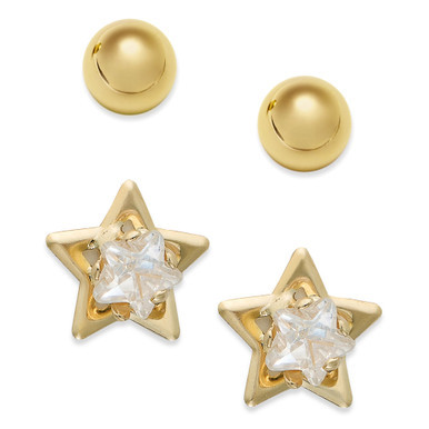 10k Gold Earrings Set, Cubic Zirconia Accent Star and Ball Stud Earrings