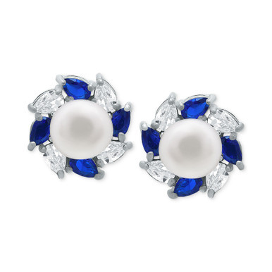 Freshwater Pearl (5mm), Lab-Created Blue Sapphire (1/3 ct. t.w.), & Cubic Zirconia Halo Stud Earrings in Sterling Silver, Created for Macy's
