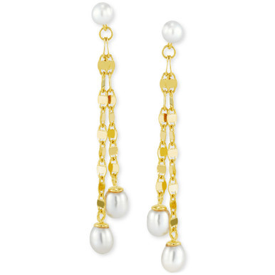 Cultured Freshwater Button Pearl (4-6mm) Chain Drop Earrings in 14k Gold-Plated Sterling Silver