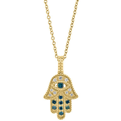 EFFY® Blue & White Diamond Hamsa Hand 18" Pendant Necklace (1/5 ct. t.w.) in 14k Gold