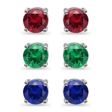 Created Green Quartz, Created Ruby and Simulated Blue Sapphire Stud Earring Set, 3 Piece