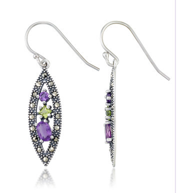 Amethyst (1-1/5 ct. t.w.) & Peridot (1/3 ct. t.w.) Marcasite Earrings in Sterling Silver