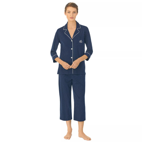 Womens 3/4 Sleeve Cotton Notch Collar Capri Pant Pajama Set