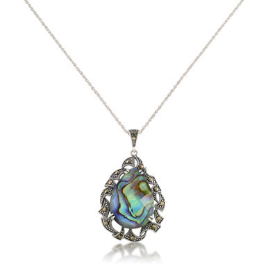 Marcasite and Abalone Doublet Teardrop Pendant+18" Chain in Sterling Silver