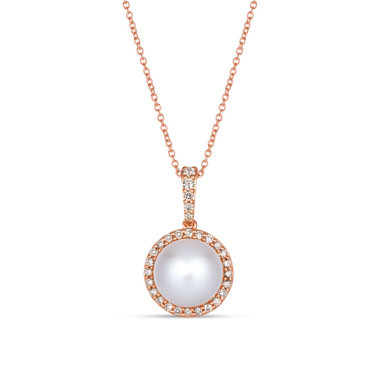 Vanilla Pearl (9mm) & Nude Diamond (1/3 ct. t.w.) Halo Pendant Necklace in 14k Rose Gold, Adjustable length to 20"