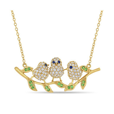 Created Blue and White Sapphire (1 1/4 ct. t.w.) Tsavorite (1/6 ct. t.w.) Leaf Chick Necklace in 18k Gold Over Sterling Silver