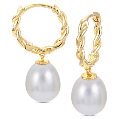 Cultured Freshwater Pearl (8-8-1/2mm) Dangle Hoop Earrings in 14k Gold-Plated Sterling Silver