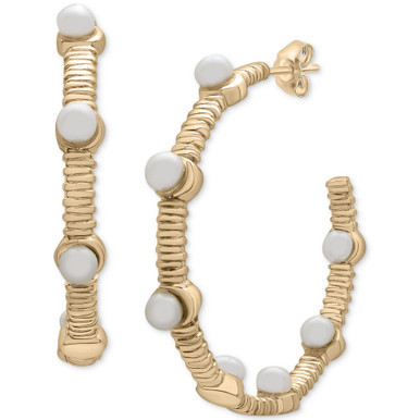 Cultured Freshwater Pearl (3mm) Textured Medium Hoop Earrings in 14k Gold-Plated Sterling Silver, 1.2"