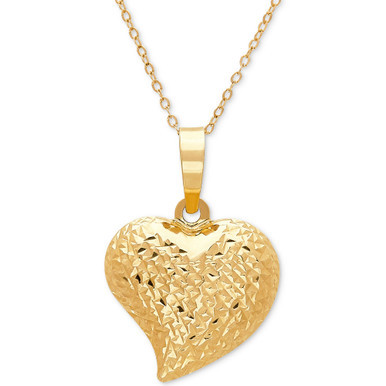 Textured Puff 17" Heart Pendant Necklace in 10k Gold