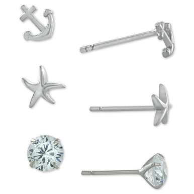 3-Pc. Set Cubic Zirconia Nautical-Themed Stud Earrings in Sterling Silver, Created for Macy's