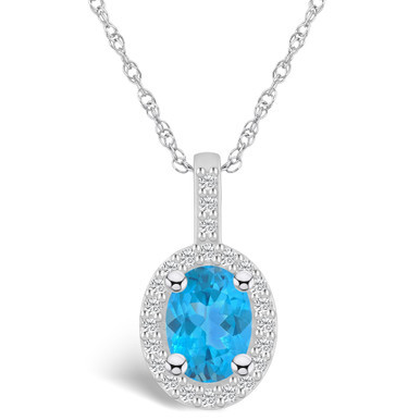 Blue Topaz (1-5/8 Ct. T.W.) and Diamond (1/4 Ct. T.W.) Halo Pendant Necklace in 14K White Gold