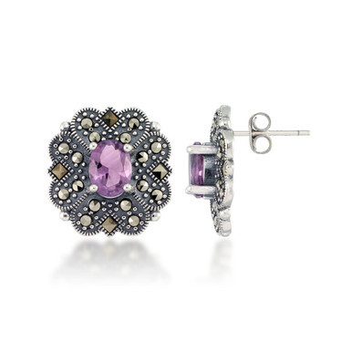 Marcasite and Amethyst (2-3/4 ct. t.w.) Flower Post Earrings in Sterling Silver