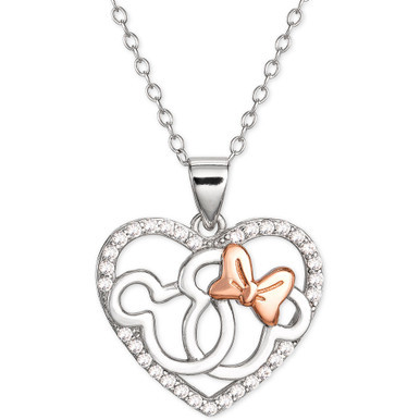 Cubic Zirconia Interlocking Mickey & Minnie Heart 18" Pendant Necklace in Sterling Silver & 18k Rose Gold-Plate