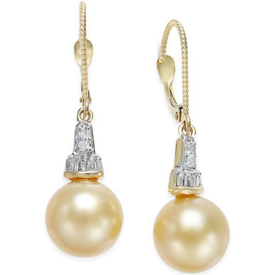 Cultured Golden South Sea Pearl (10mm) and Diamond (1/4 ct. t.w.) Drop Earrings in 14k Gold