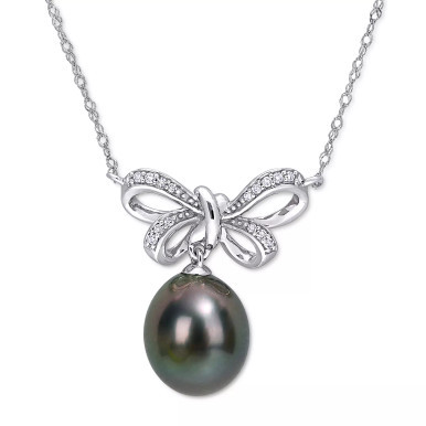 Black Cultured Tahitian Pearl (9-1/2-10mm) & Diamond (1/10 ct. t.w.) Bow 17" Pendant Necklace in 10k White Gold (Also in Pink Cultured Freshwater Pearl & White South Sea Cultured Pearl)